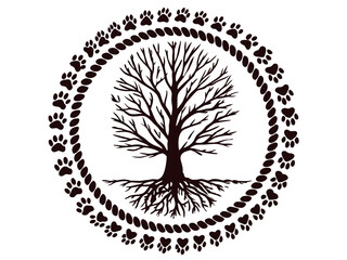 silhouette of a leafless tree encircled by paw prints and rope design.