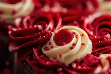 Poster - Close-up of decadent red and white frosted dessert, swirled elegantly and adorned with tiny hearts and white sprinkles.