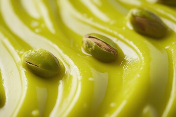 Poster - Close-up of pistachio kernels atop textured, light green dessert sauce, showcasing creamy texture and vibrant color. Natural and visually appealing.