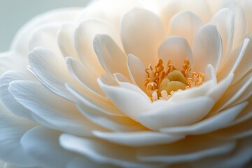 Poster - Close-up of an exquisite white flower in full bloom, showcasing its delicate petals and vibrant golden center, bathed in soft light.