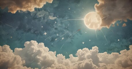 Wall Mural - retro sky on distressed paper, geometric cloud & star pattern, clouds, celestial