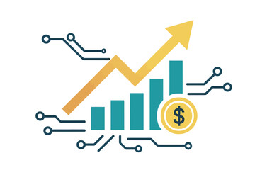Poster - The image depicts an upward business arrow and a growth line circuit on a dark blue background, illustrating the concept of successful business investment through strategic financial data graphs and