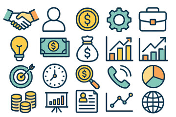 Poster - A set of business-themed vector line icons is provided, featuring a range of symbols including a handshake, a user, dollar pictograms, gears, a briefcase, a bag of money, a schedule, and more, with