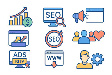 Poster - This set of SEO vector line icons includes a range of symbols such as increase sales, traffic management, and social networks, all with editable strokes and perfectly designed for 48x48 pixels