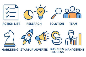 Poster - Line-style web icons for business strategy have been compiled, featuring business solutions icons for use in web and mobile apps, encompassing Action List, research, solution, team, marketing