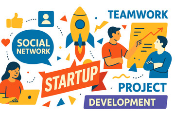 A creative concept for a vector illustration focusing on social networks, startups, teamwork, and project development, ideal for use in web banners, social media banners, and business presentations