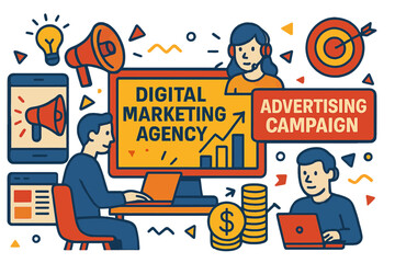 Poster - A 3D vector illustration represents the concept of a digital marketing agency and its advertising campaign