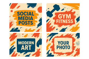 Aufkleber - Vector illustration of social media posts features stylish graphics templates and dynamic typography with photo abstractions, incorporating modern art elements like paint and brush stains, often with