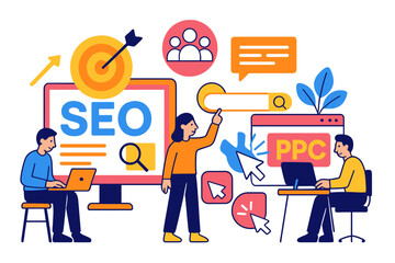 Poster - A team of coders work together, optimizing their SEO for target searching, and developing social content with pay-per-click tools, all showcased in a flat isometric vector illustration, as part of