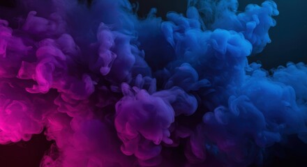 Poster - Abstract smoke cloud with blue and pink color gradient on a dark background creates a dreamy effect