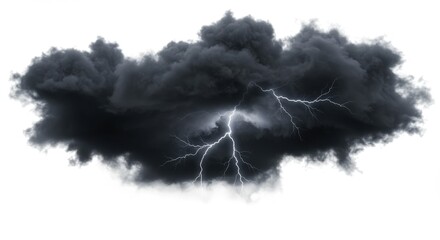Poster - A dark storm cloud with visible lightning strikes against a plain white background in a dramatic scene