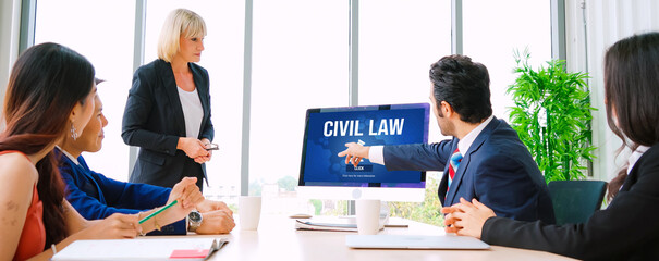 Poster - Civil law brisk information showing on computer screen for Common Justice Legal Regulation Rights Concept