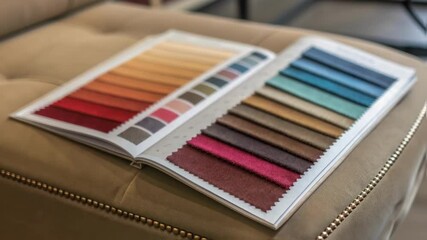 Poster - A closeup of a fabric swatch book spread open next to a stylish ottoman revealing a selection of rich colors and textures intended for a lounge makeover.