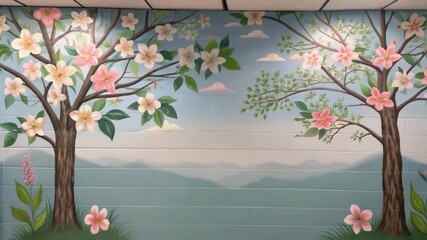 Poster - A closeup of a freshly painted wall featuring an inspiring mural of nature scenes with blooming flowers and trees creating a calming atmosphere for readers.