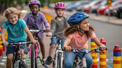 Aufkleber - A closeup of a group of children riding bikes on a path lined with colorful reflective markers portraying enthusiasm for biking and public safety.
