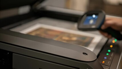 Aufkleber - A closeup of a hand using a digital scanner to archive a piece of art illustrating the intersection of technology and art preservation.