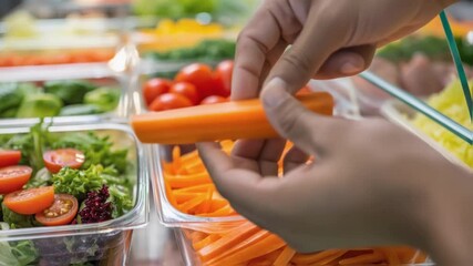 Aufkleber - A closeup of a healthy food station highlighting an array of fresh salads vibrant vegetables and clear glass containers that promote transparency and cleanliness.