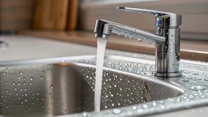Poster - A closeup of an upgraded sink with a modern faucet glistening with water droplets emphasizing cleanliness and hygiene in the kitchen environment.