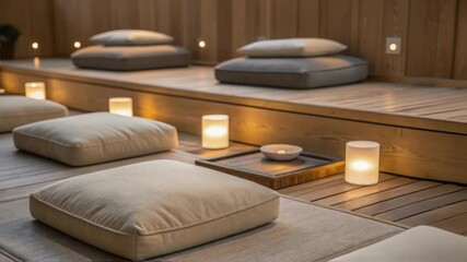 Aufkleber - A closeup of a quiet meditation corner with cushioned ergonomic floor seating and soft ambient lighting promoting relaxation and mindfulness a seniors.