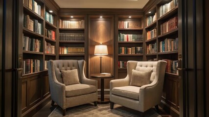 Poster - A closeup of a serene reading nook filled with bookshelves cozy lighting and comfortable seating inviting individuals to relax and refocus their thoughts.