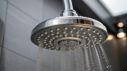 Aufkleber - A closeup of a showerhead with an antimicrobial finish featuring fine details of water spraying and reflecting light set in a sleek shower stall.