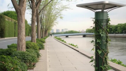 Poster - A closeup of a solarpowered light pole with plants climbing its base blending technology with nature in the riverwalk environment.