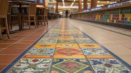 Aufkleber - A closeup of a unique flooring design featuring colorful tiles that lead patrons through the cafeteria guiding them toward different dining sections with visual interest.