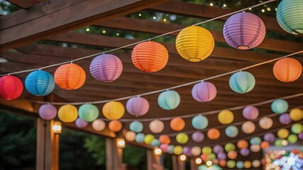 Poster - A closeup of cheerful multicolored lanterns hanging from the beams of a shaded structure ready to light up the area for evening gatherings and celebrations.