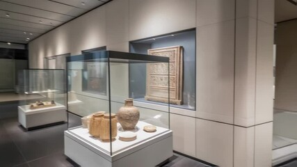 Aufkleber - A closeup of historical artifacts displayed under glass in a modern exhibition space blending contemporary design with cultural heritage illustrating the towns history alongside