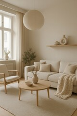 Poster - Serene Scandinavian Living Room with Minimalist Design and Soft Textures