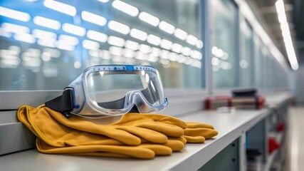 Aufkleber - A closeup of safety goggles and gloves stacked on a shelf with reflections capturing the bright lights of the modern lab emphasizing safety and preparedness.