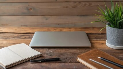 Aufkleber - A closeup of textured wooden surfaces on a newly renovated reading table where notebooks and pens are laid out alongside an open laptop and a potted plant.