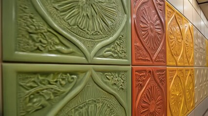 Aufkleber - A closeup of vibrant ecofriendly tiles along the wall the intricate patterns catching the eye paired with energyefficient lighting that enhances the ambiance of the facility.