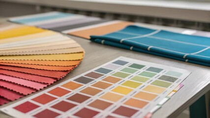 Aufkleber - A closeup on a table covered with an array of paint samples and fabric swatches featuring harmonious colors intended to bring warmth and creativity to the multipurpose room.