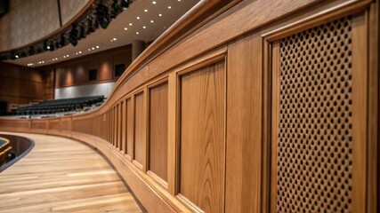 Aufkleber - A closeup on a wooden stage edge highlighting customdesigned sound reflectors seamlessly integrated into the architectural elements.