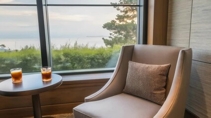 Aufkleber - A cozy corner with a large window showcasing soothing views furnished with modern lounge chairs and a small side table encouraging guests to sip beverages while enjoying natural