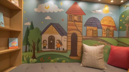 Poster - A cozy reading nook adorned with oversized cushions and vibrant murals inviting children to curl up with their favorite stories.