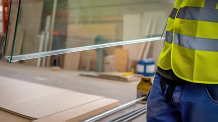 Aufkleber - A medium closeup captures the moment a glass panel is gently lowered into place with visible care taken to avoid scratches.