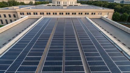 Aufkleber - A medium closeup featuring a drone view of newly added solar panels on a flat rooftop of a government building highlighting ecofriendly renovations in progress.