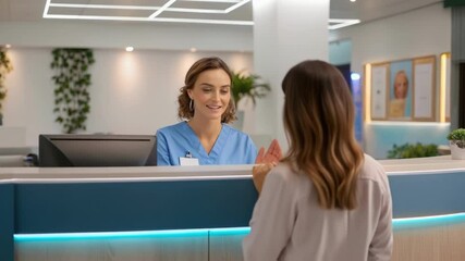 Poster - A medium closeup image of a nurse or receptionist interacting with a patient at a welcoming reception desk featuring a modern design with ergonomic details and soft lighting.