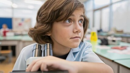 Poster - A medium closeup of a child peering into a microscope their eyes wide with wonder as they explore prepared slides illustrating microscopic life and structures.