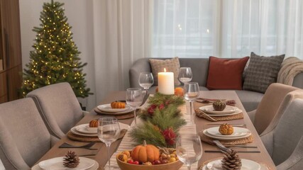 Poster - A medium closeup of a communal dining table set for a meal adorned with seasonal decorations and surrounded by comfortable seating fostering a sense of togetherness.