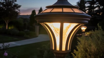 Poster - A medium closeup of a decorative light fixture being tested at dusk surrounded by lush landscaping and the silhouettes of trees in the softening light.