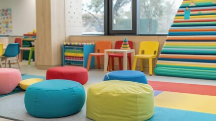 Aufkleber - A medium closeup of a familyfriendly waiting area showcasing soft floor cushions and low seating designed for children creating a playful atmosphere.