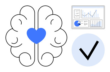 Poster - brain outline with heart symbol, data analytics dashboard, checkmark in blue circle. ideal for innov