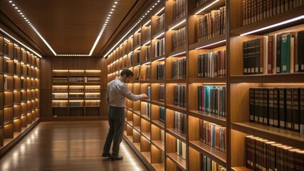 Aufkleber - A medium closeup of a librarian arranging books on polished wooden shelves with bright LED lights illuminating the organized collection.