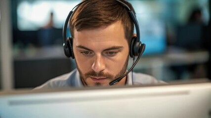 Aufkleber - A medium closeup of an operator wearing a headset focused on their computer screen embodying the quick decisionmaking required in emergency situations.