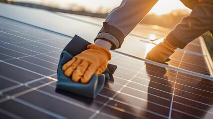 Poster - A medium closeup of a solar panels reflective surface capturing sunlight with a workers gloved hands adjusting the angle for optimal energy absorption.
