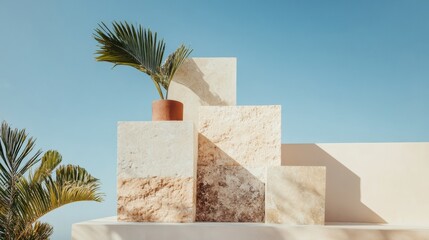Poster - Minimalist Architectural Stillness Sculptural Stone Platforms with Palm Botanical - Contemporary Design Aesthetic Exploring Spatial Harmony and Aesthetic Tranquility
