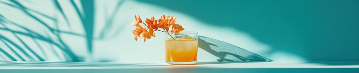 Poster - Minimalist Wellness Aesthetic Vibrant Orange Botanical Elixir in Soft-Focus Artisan Glass with Tropical Shadow Play - Contemporary Lifestyle Hydration Trend
